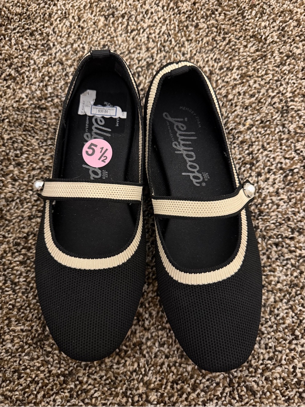Jellypop Black and Cream Mary Jane Flats with Contrast Trim